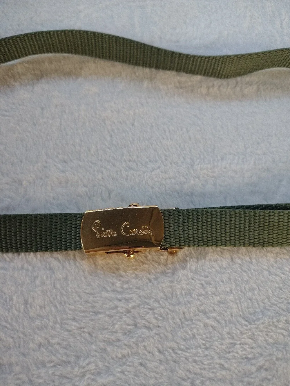 Vintage Pierre Cardin Olive Webbing Belt with Gold-Tone Logo Buckle